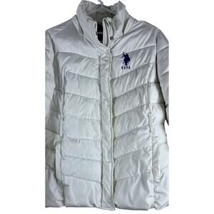 US Polo Association White Sz L Puffer Full Zip Snap blue Embroidered Pony Coat
